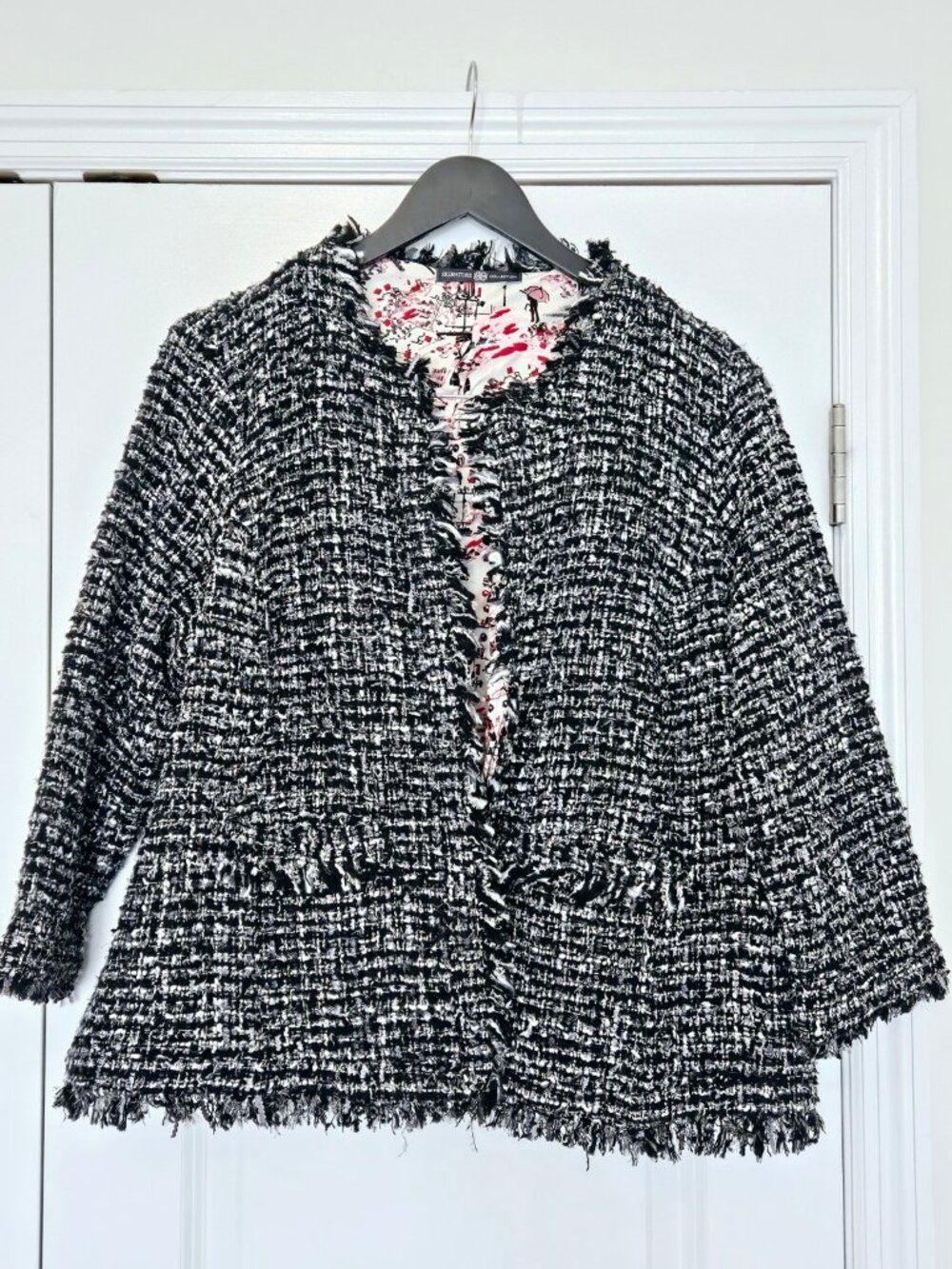 Signature Collection Black White Tweed Fringe Blazer Paris Lined